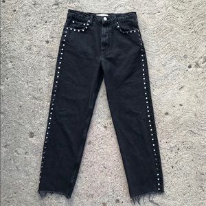 Zara High Rise Black Studded Raw Hem Jeans